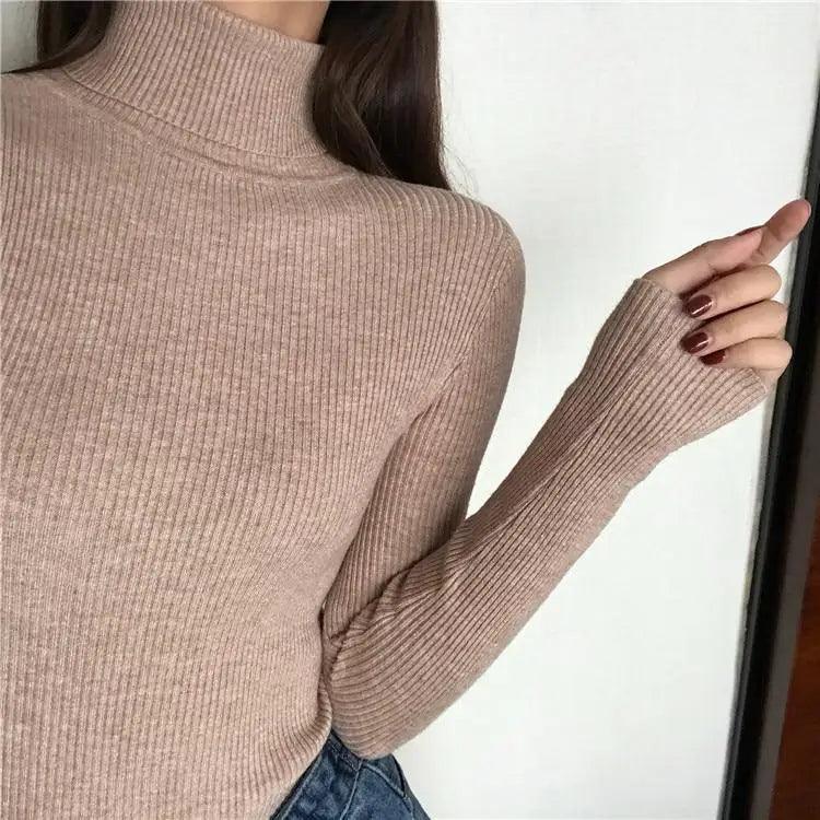 Vintage Style Autumn Winter Thick Sweater For Women Knitted Ribbed Pullover Sweater Long Sleeve Turtleneck Slim Jumper Soft Warm Pullover