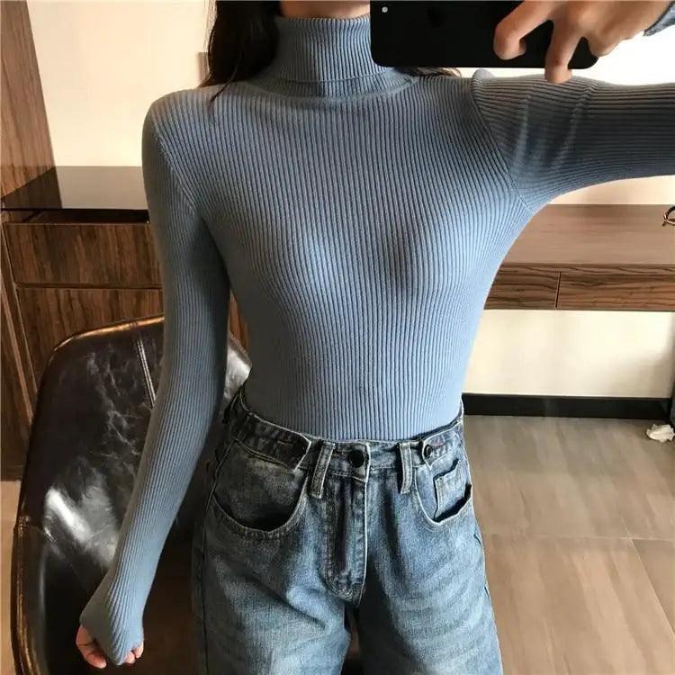 Vintage Style Autumn Winter Thick Sweater For Women Knitted Ribbed Pullover Sweater Long Sleeve Turtleneck Slim Jumper Soft Warm Pullover