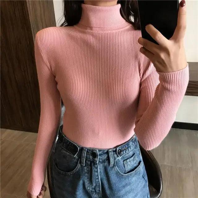 Vintage Style Autumn Winter Thick Sweater For Women Knitted Ribbed Pullover Sweater Long Sleeve Turtleneck Slim Jumper Soft Warm Pullover
