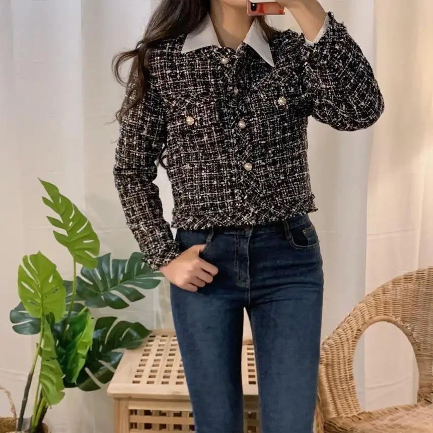 Vintage Style Autumn Winter Tweed Jackets For Women O-Neck Long Sleeve Loose Wool Coat Single Breasted Outwear For Girls