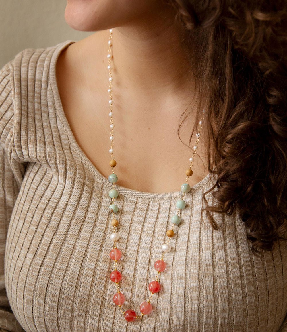 Collier Long Jasper Golden Menthe Baiser Pastèque