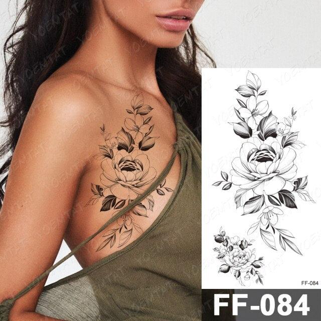 Waterproof Temporary Black Tattoo Sticker Peony Flower Snake Sketch Luxury Big Tattoo For Womens