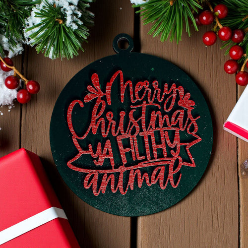 Weihnachtsbaumschmuck Frohe Weihnachten, du dreckiges Tier, aus Holz, 3D, 12 Farben