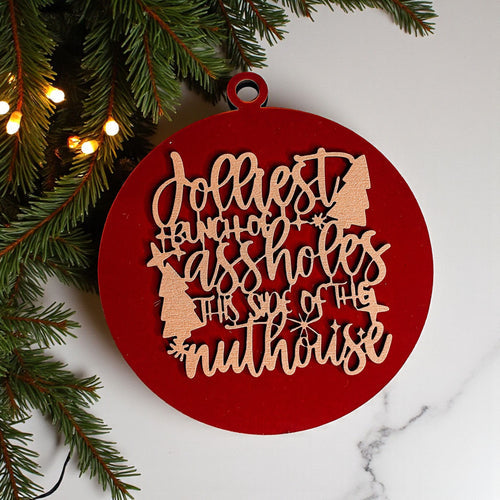 Lustiger sarkastischer Weihnachtsbaumschmuck aus Holz „Jolliest Bunch“ 12 Farben Weihnachtsgeschenk