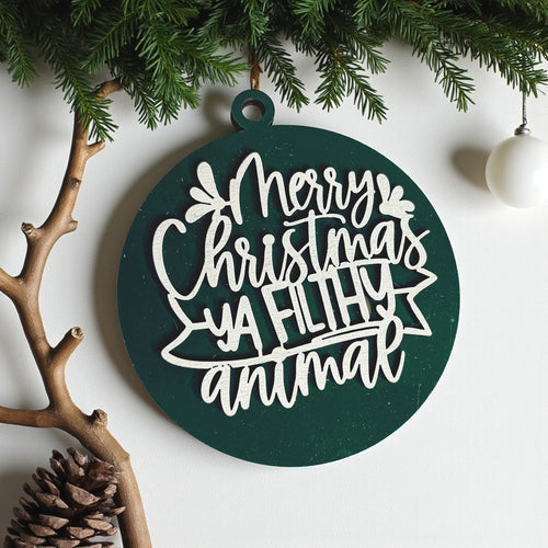 Weihnachtsbaumschmuck Frohe Weihnachten, du dreckiges Tier, aus Holz, 3D, 12 Farben