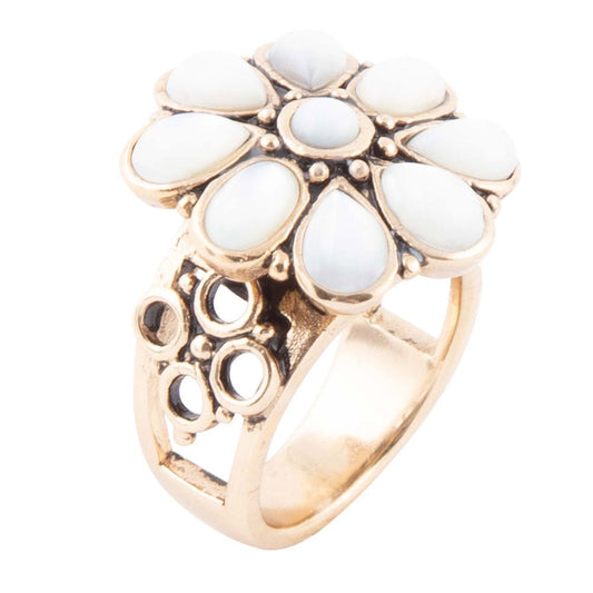 Bague Hibiscus Blanc Nacre et Dorée
