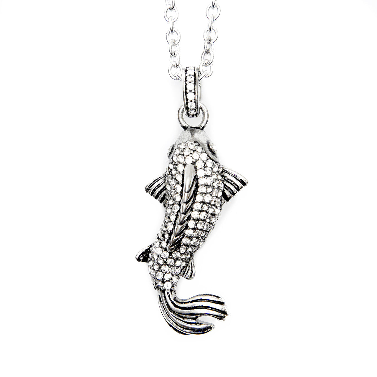Collier Pendentif Carpe Koï Blanche Breloque Cristal Argent