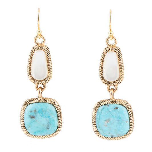 Boucles d'oreilles pendantes en bronze doré, nacre blanche et turquoise bleue