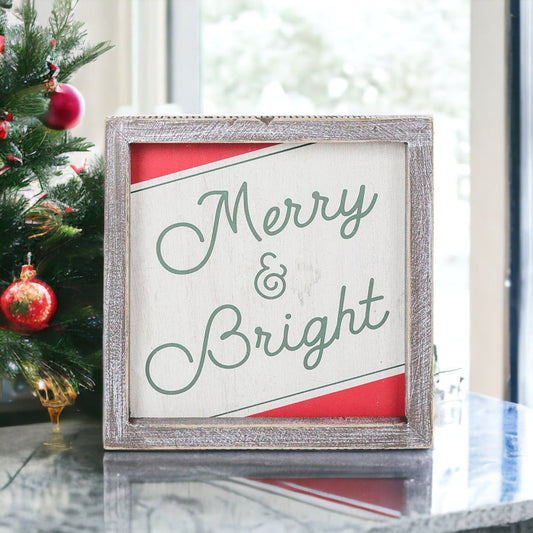 Merry And Bright 7 Zoll Holz Weihnachts-Wandschild Rot Grün Weiß Weihnachts-Wohndeko 7x7x1.5