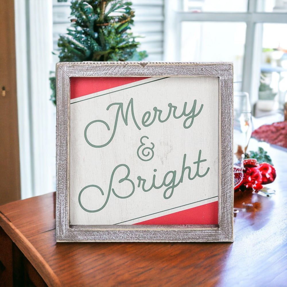 Merry And Bright 7 Zoll Holz Weihnachts-Wandschild Rot Grün Weiß Weihnachts-Wohndeko 7x7x1.5
