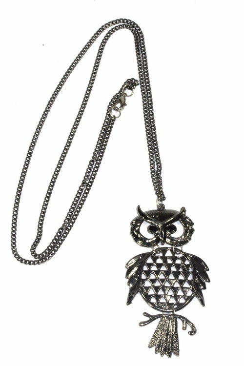 Große Eule Anhänger Halskette Lange Kette Vintage Silber