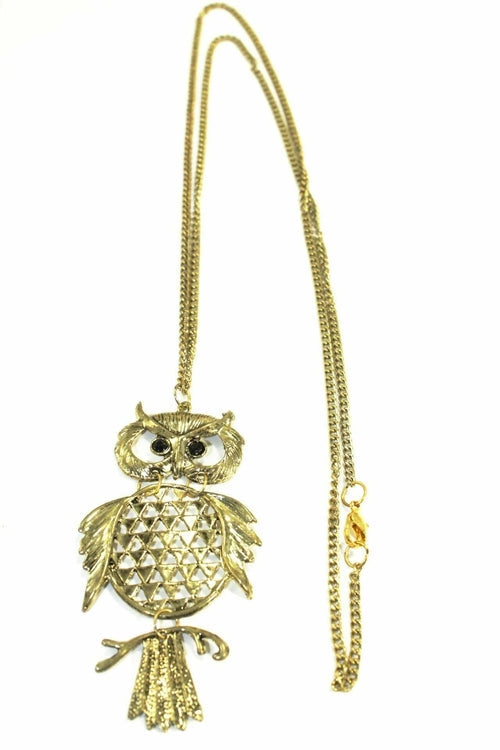 Große Eule Anhänger Halskette Lange Kette Vintage Silber