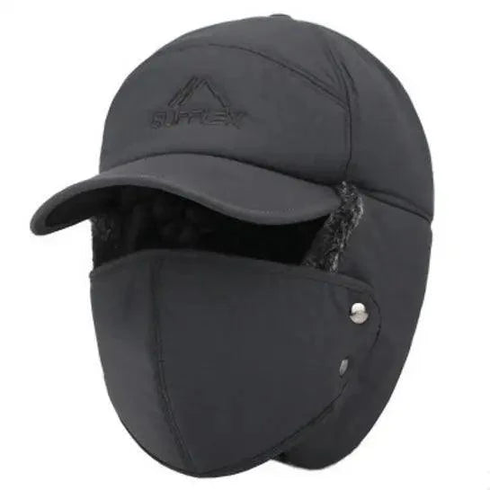 Winter Thermal Black Hat Fashion Ear Protection Face Windproof Adjustable Ski Cap Thicken Outdoor Hat