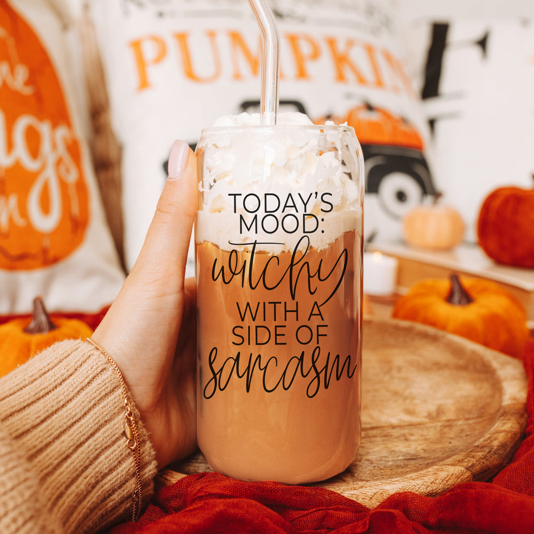 Gobelet en verre de 20 oz Citation de café Hocus Pocus avec couvercle en bambou, pailles et nettoyeur