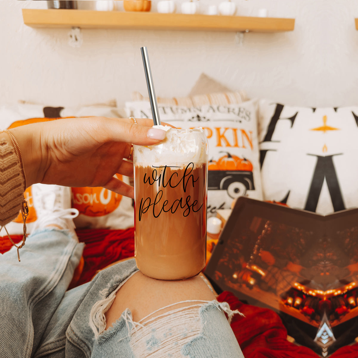 Witch Please 17oz Glass Tumbler With Bamboo Lid Stainless Straws And Cleaner