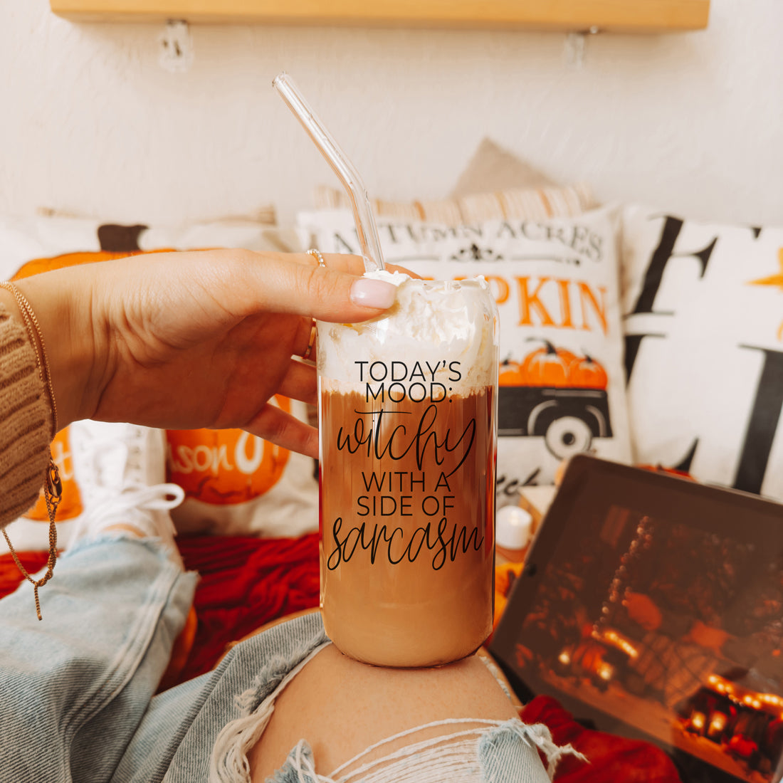 Gobelet en verre de 20 oz Citation de café Hocus Pocus avec couvercle en bambou, pailles et nettoyeur