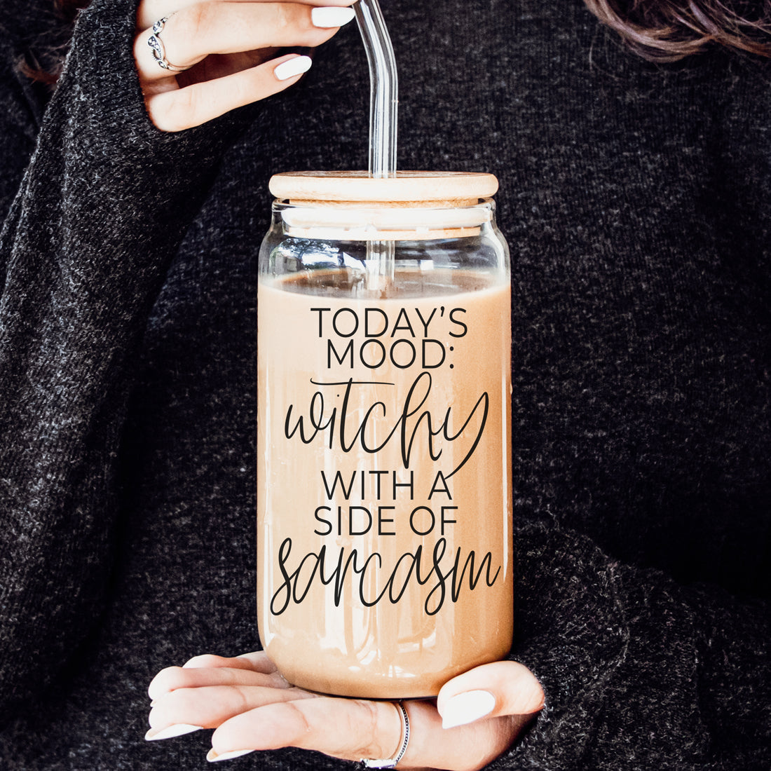 Gobelet en verre de 20 oz Citation de café Hocus Pocus avec couvercle en bambou, pailles et nettoyeur