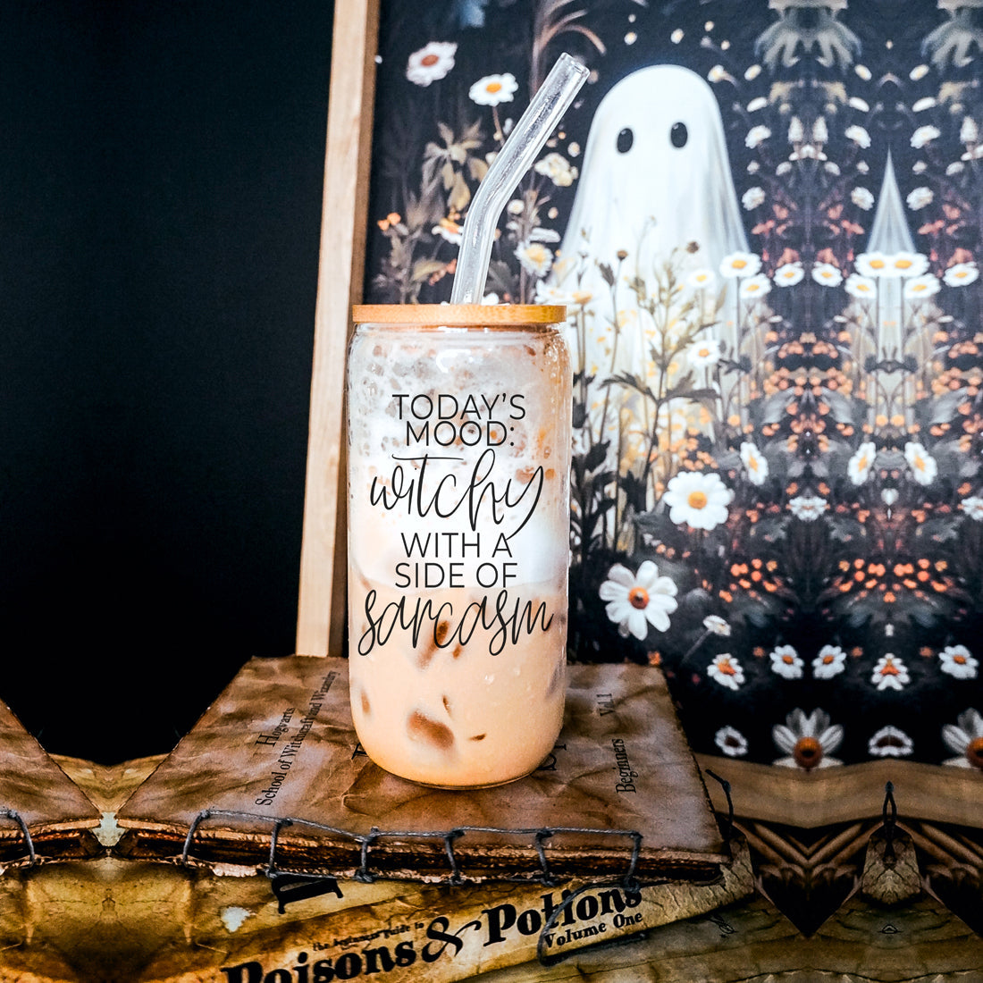 Gobelet en verre de 20 oz Citation de café Hocus Pocus avec couvercle en bambou, pailles et nettoyeur