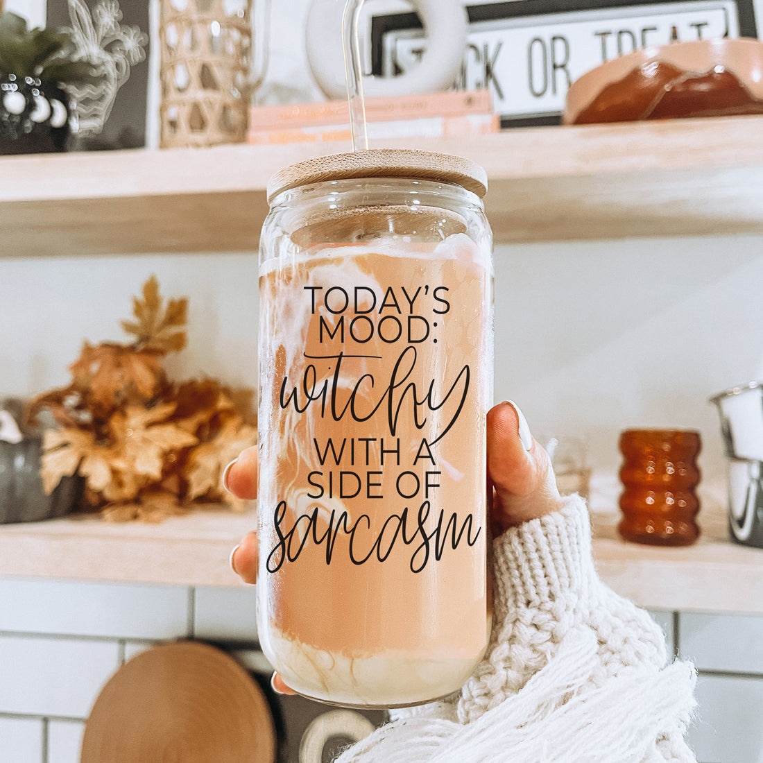 Gobelet en verre de 20 oz Citation de café Hocus Pocus avec couvercle en bambou, pailles et nettoyeur