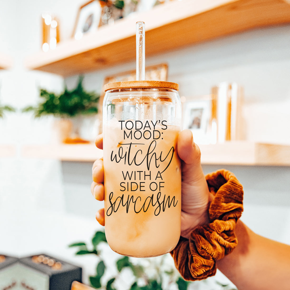 Gobelet en verre de 20 oz Citation de café Hocus Pocus avec couvercle en bambou, pailles et nettoyeur