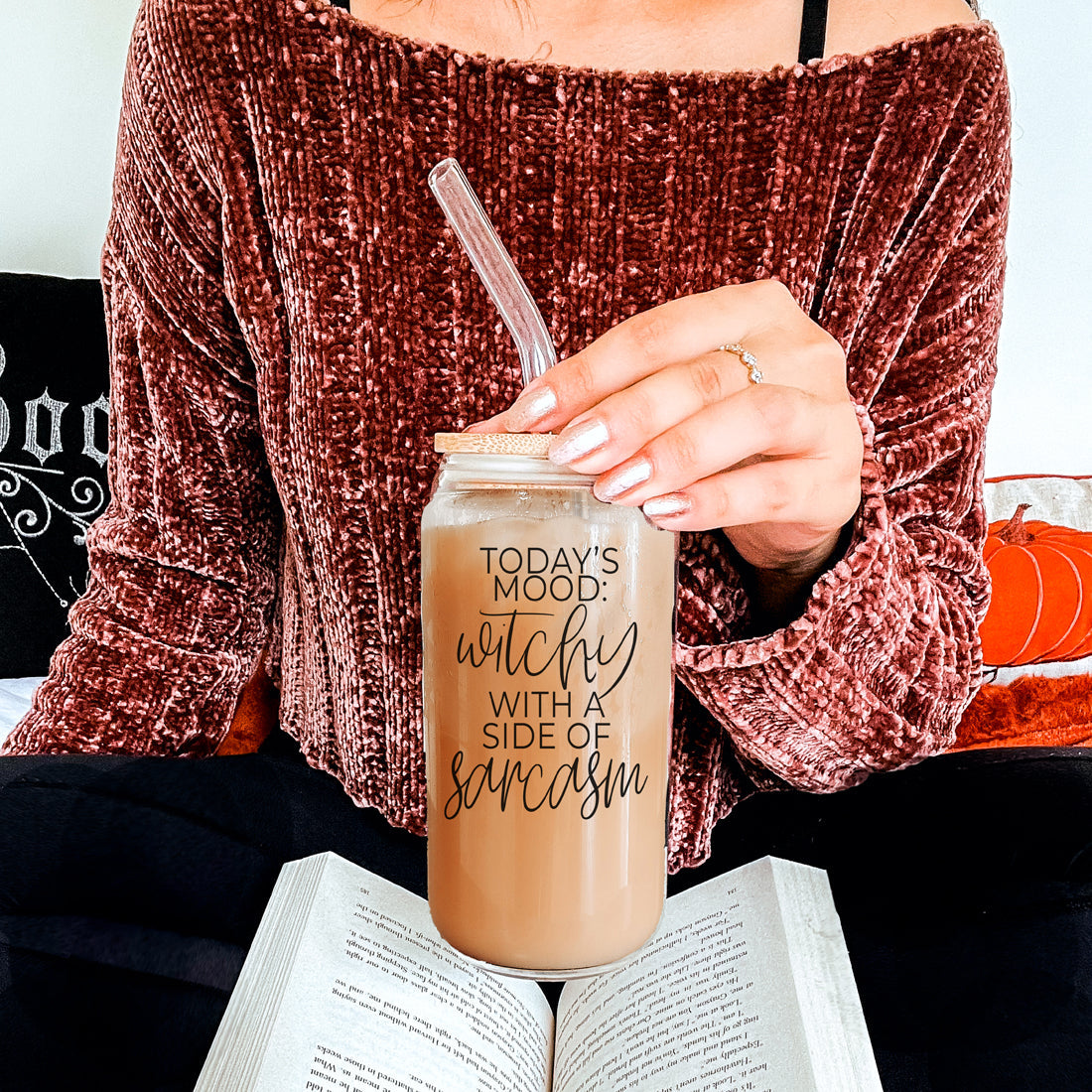 Gobelet en verre de 20 oz Citation de café Hocus Pocus avec couvercle en bambou, pailles et nettoyeur
