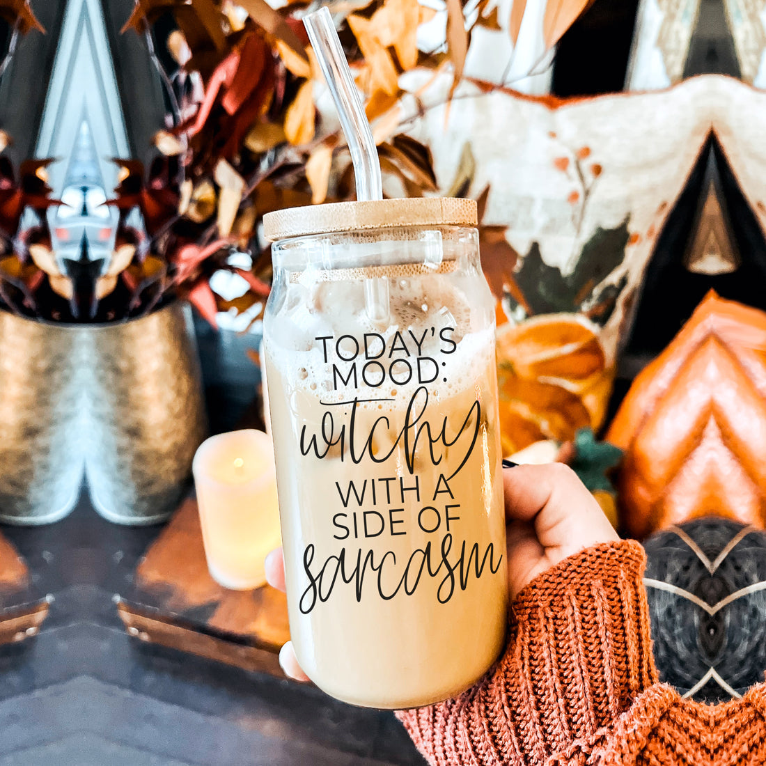 Gobelet en verre de 20 oz Citation de café Hocus Pocus avec couvercle en bambou, pailles et nettoyeur