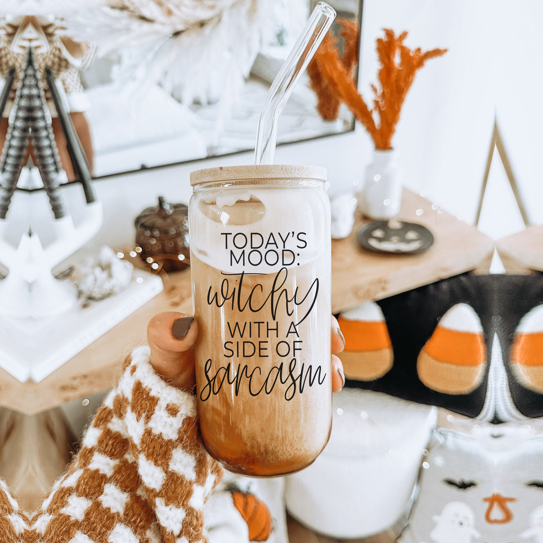 Gobelet en verre de 20 oz Citation de café Hocus Pocus avec couvercle en bambou, pailles et nettoyeur