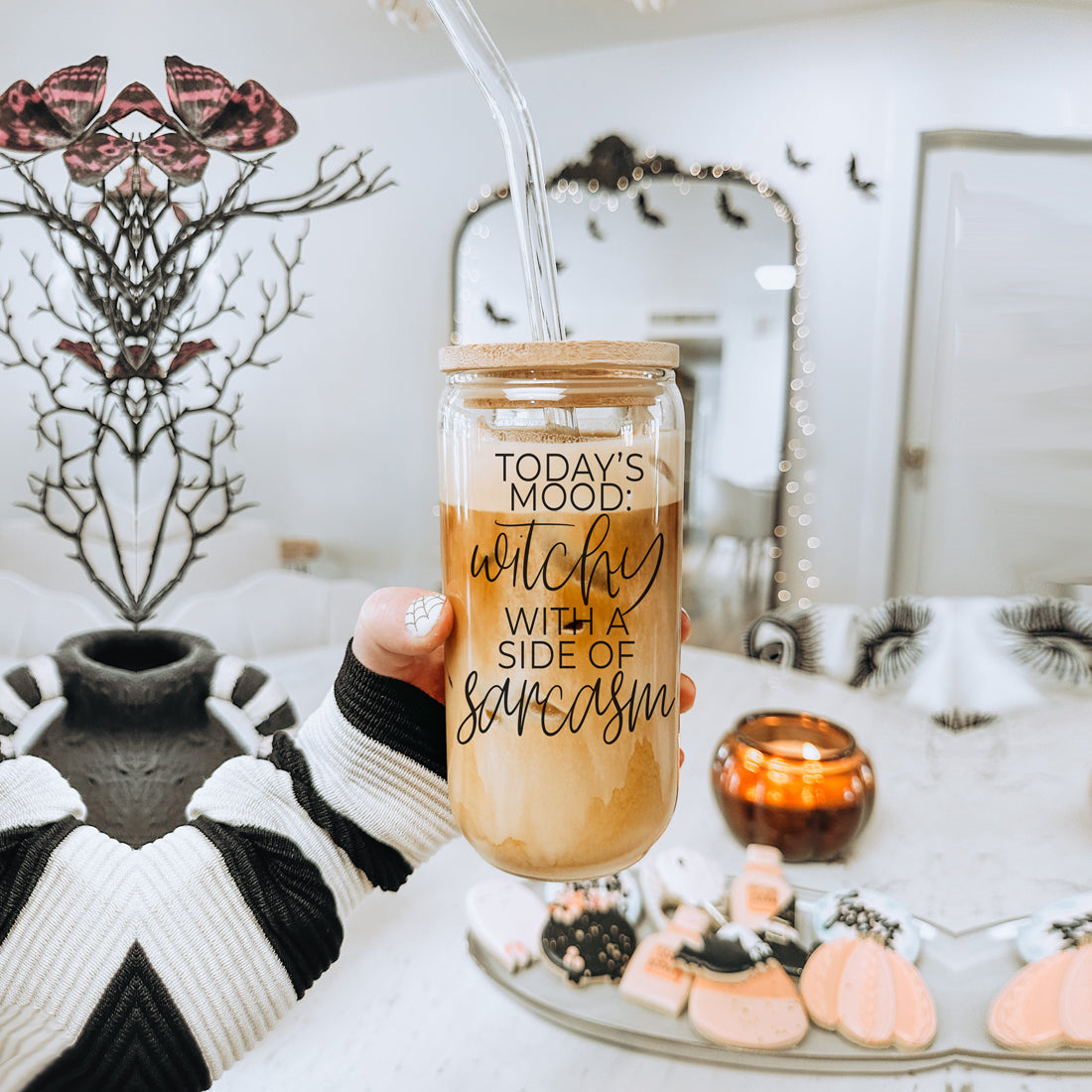 Gobelet en verre de 20 oz Citation de café Hocus Pocus avec couvercle en bambou, pailles et nettoyeur