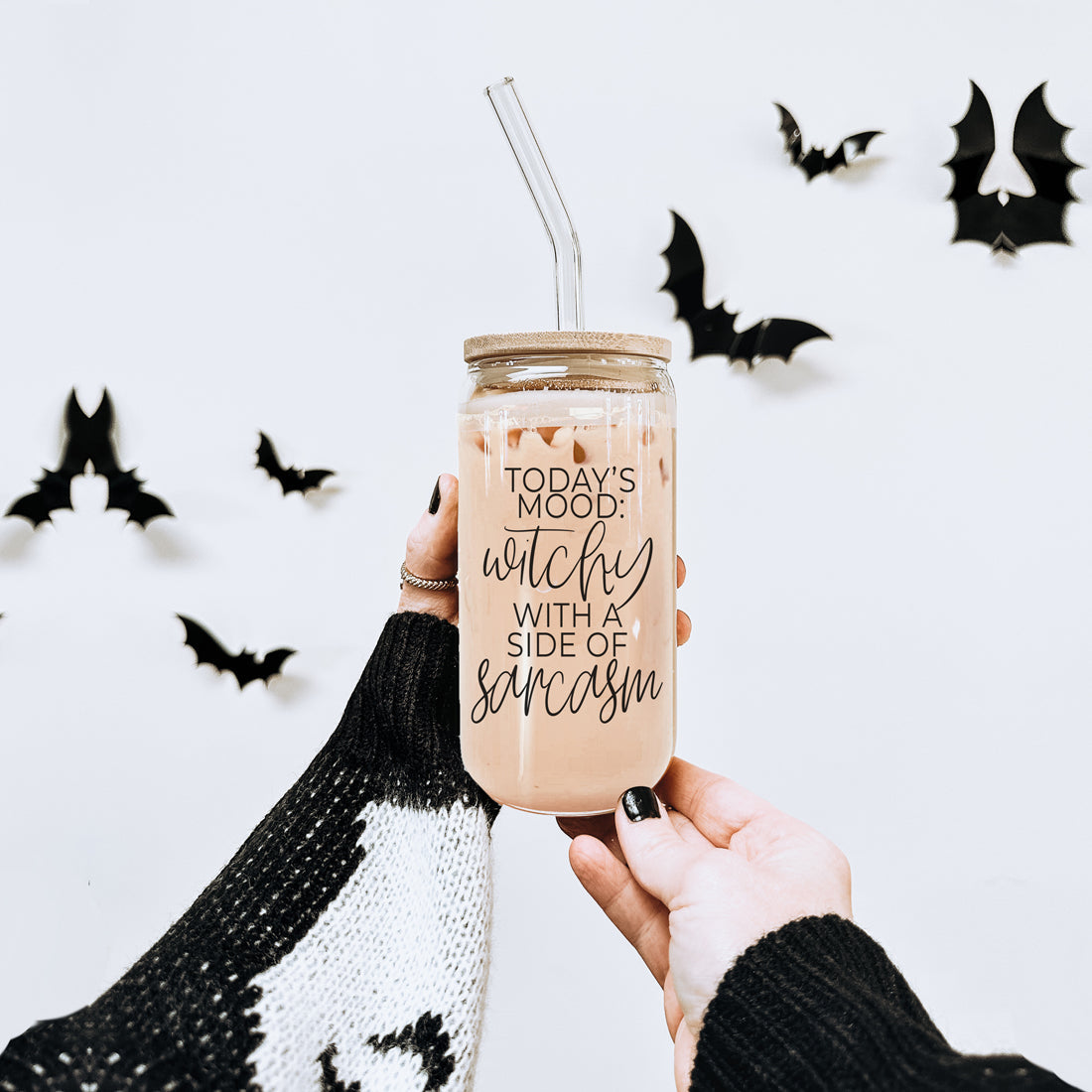 Gobelet en verre de 20 oz Citation de café Hocus Pocus avec couvercle en bambou, pailles et nettoyeur