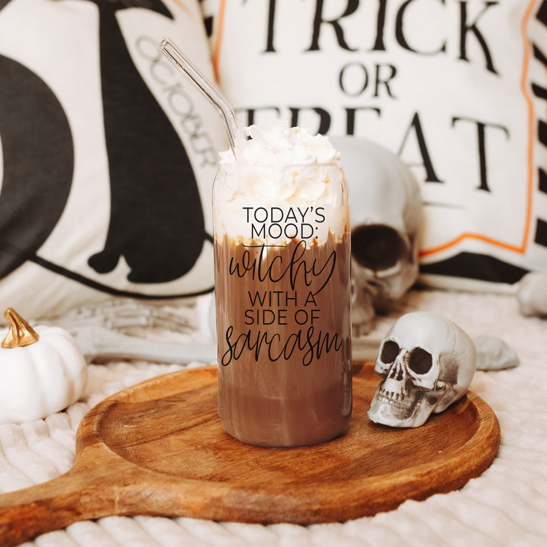 Gobelet en verre de 20 oz Citation de café Hocus Pocus avec couvercle en bambou, pailles et nettoyeur