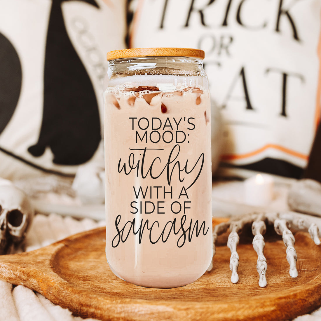 Gobelet en verre de 20 oz Citation de café Hocus Pocus avec couvercle en bambou, pailles et nettoyeur