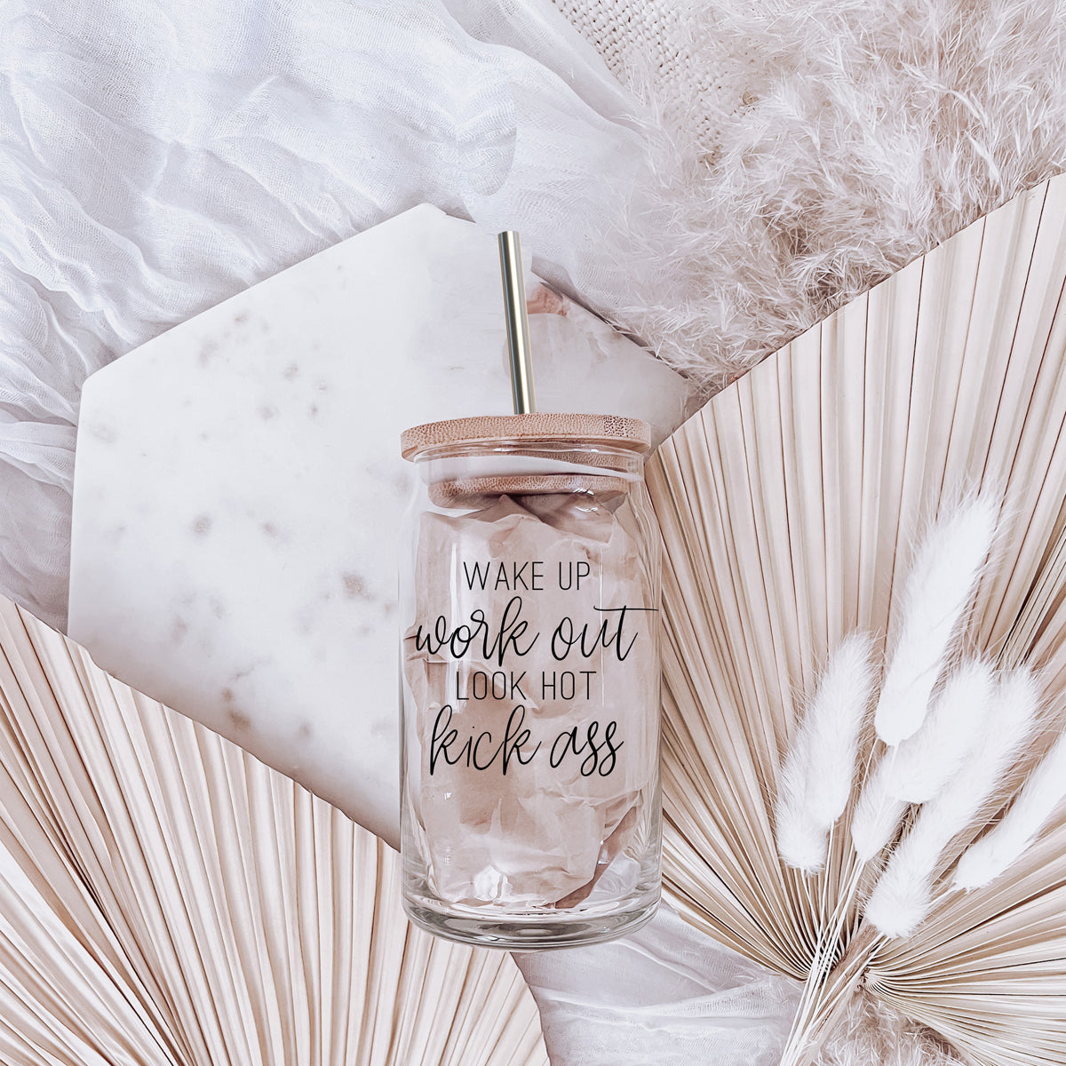 Gobelet en Verre 17 oz avec Couvercle en Bambou - "Wake Up Look Hot" - Tasse à Café de Motivation