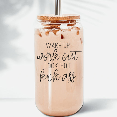 Gobelet en Verre 17 oz avec Couvercle en Bambou - "Wake Up Look Hot" - Tasse à Café de Motivation