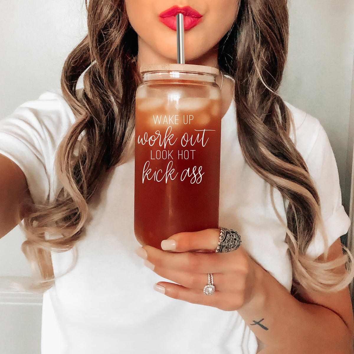 Gobelet en Verre 17 oz avec Couvercle en Bambou - "Wake Up Look Hot" - Tasse à Café de Motivation