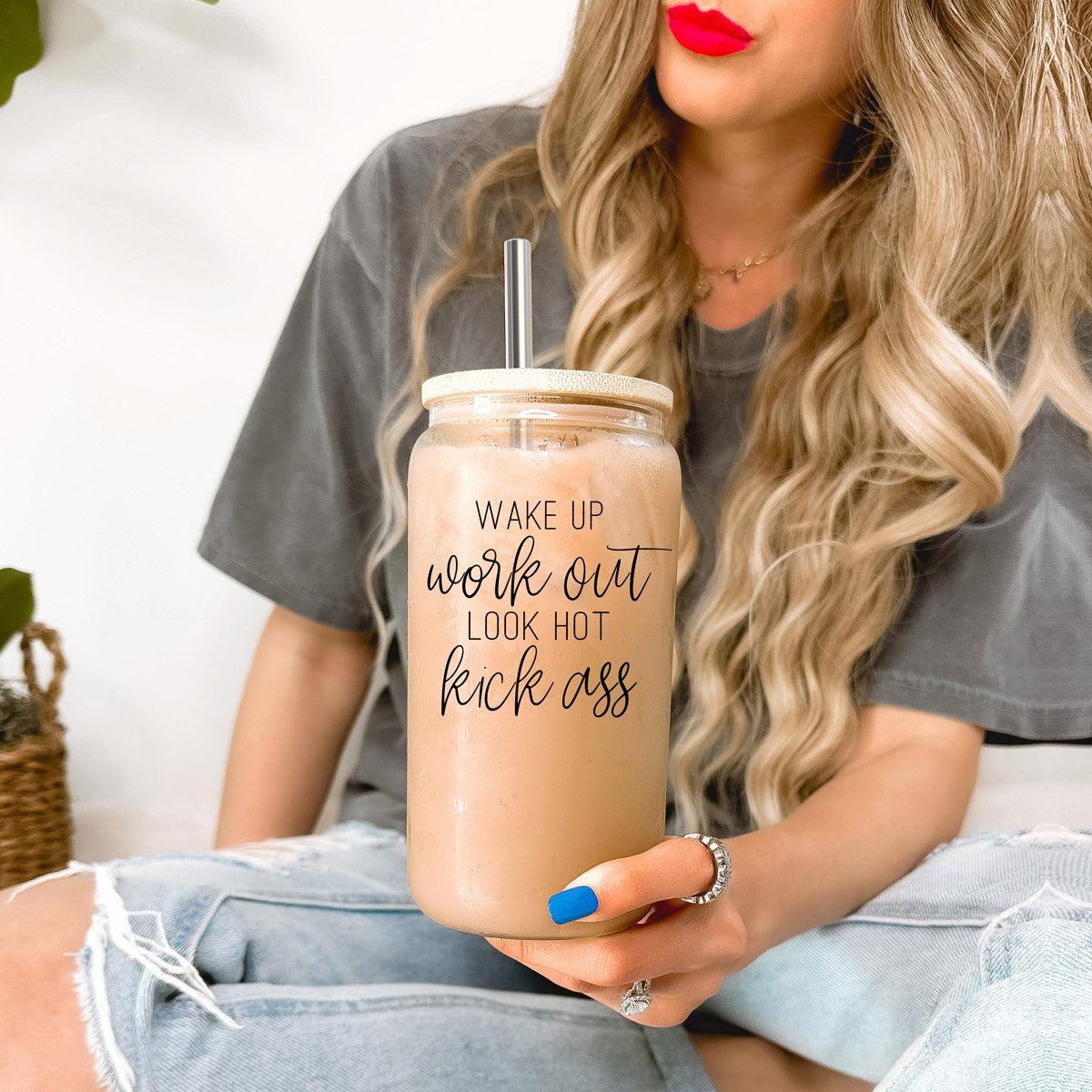 Gobelet en Verre 17 oz avec Couvercle en Bambou - "Wake Up Look Hot" - Tasse à Café de Motivation