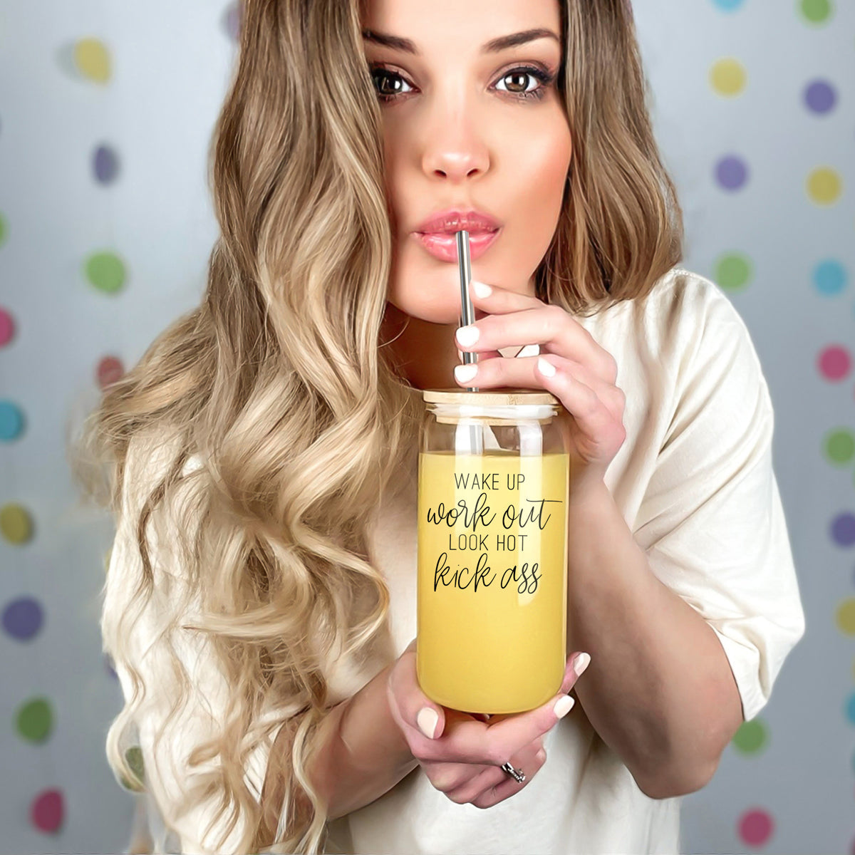 Gobelet en Verre 17 oz avec Couvercle en Bambou - "Wake Up Look Hot" - Tasse à Café de Motivation
