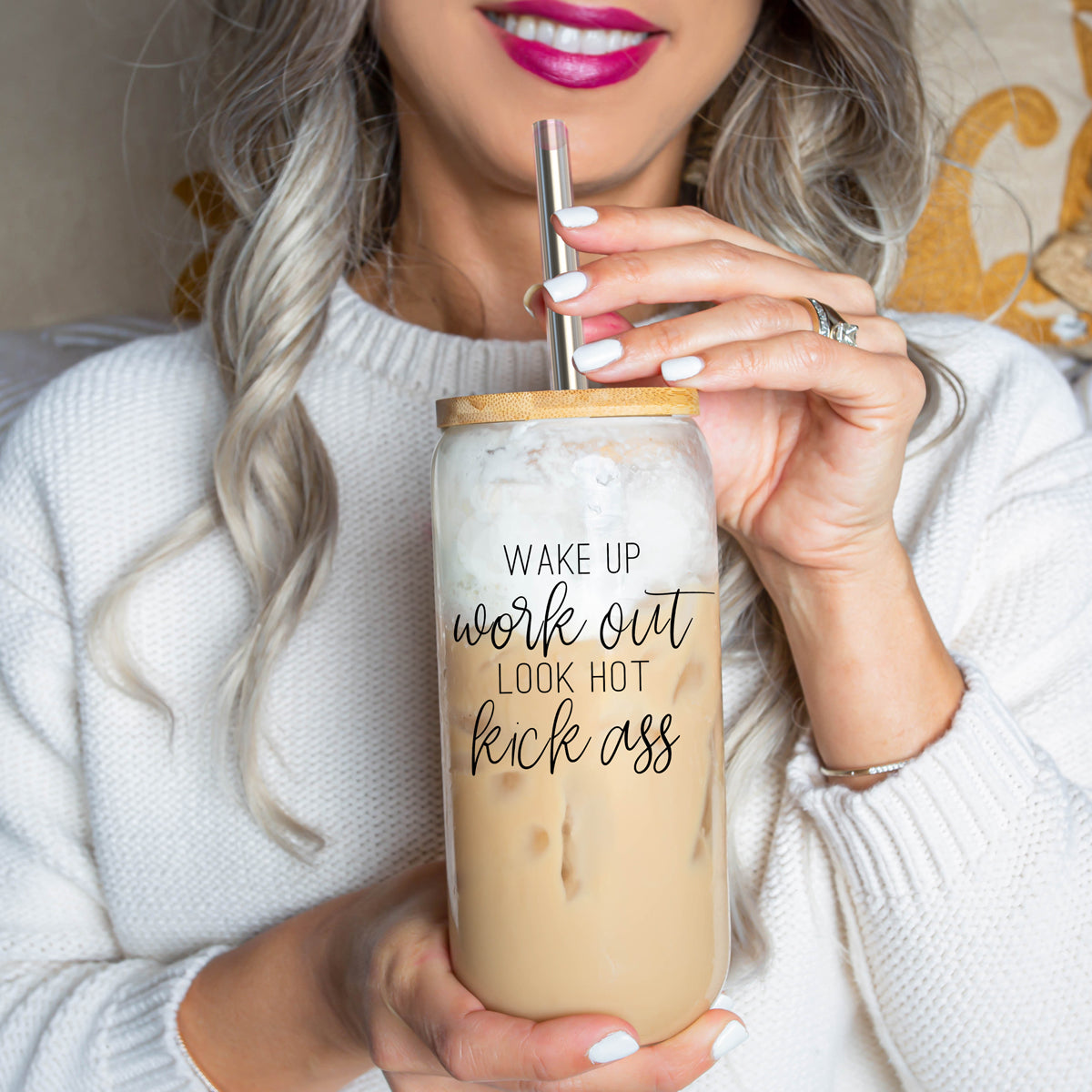 Gobelet en Verre 17 oz avec Couvercle en Bambou - "Wake Up Look Hot" - Tasse à Café de Motivation