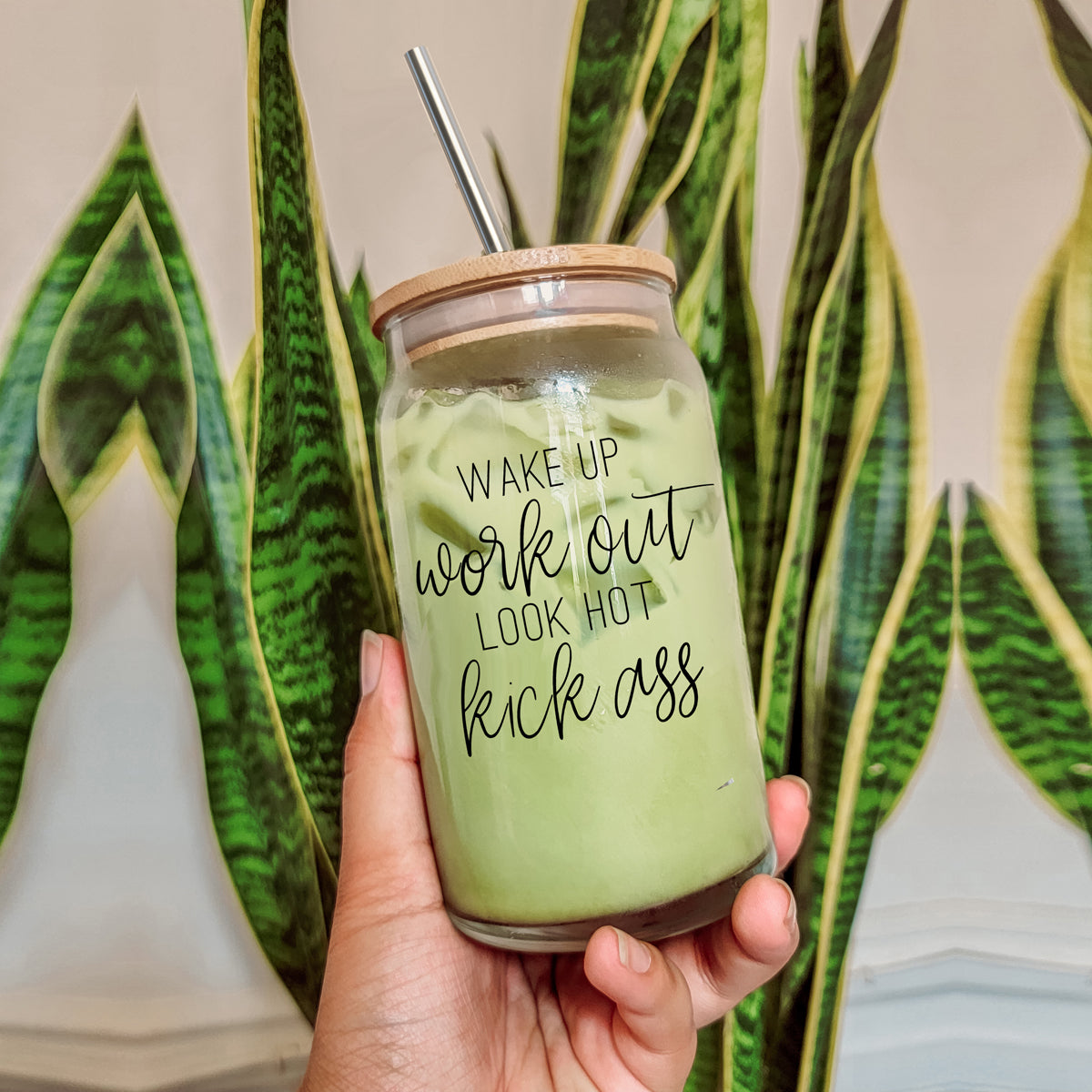 Gobelet en Verre 17 oz avec Couvercle en Bambou - "Wake Up Look Hot" - Tasse à Café de Motivation
