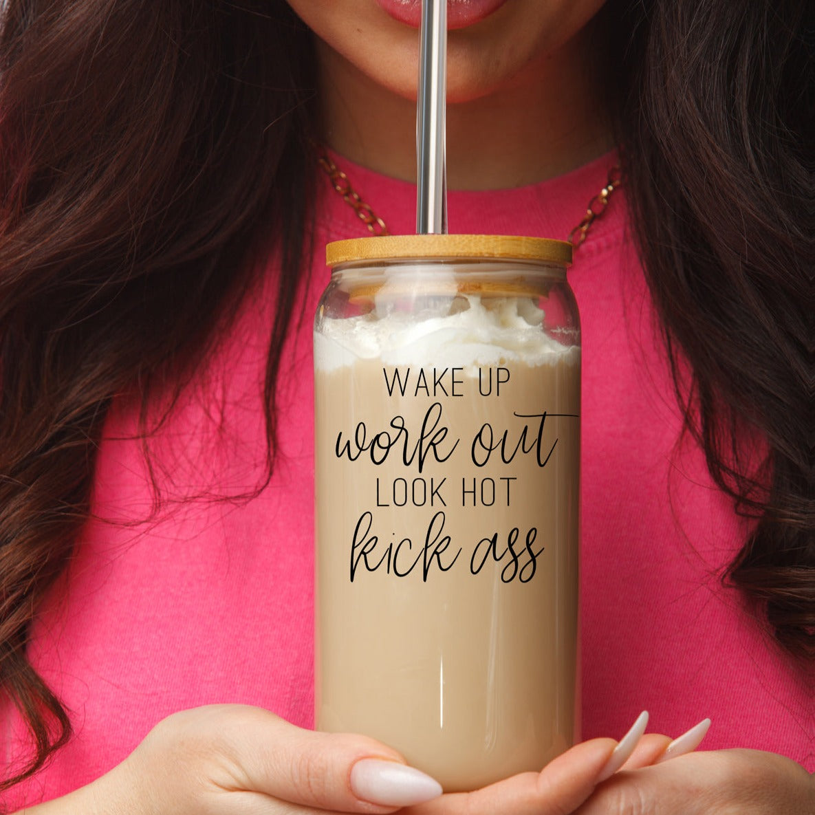 Gobelet en Verre 17 oz avec Couvercle en Bambou - "Wake Up Look Hot" - Tasse à Café de Motivation