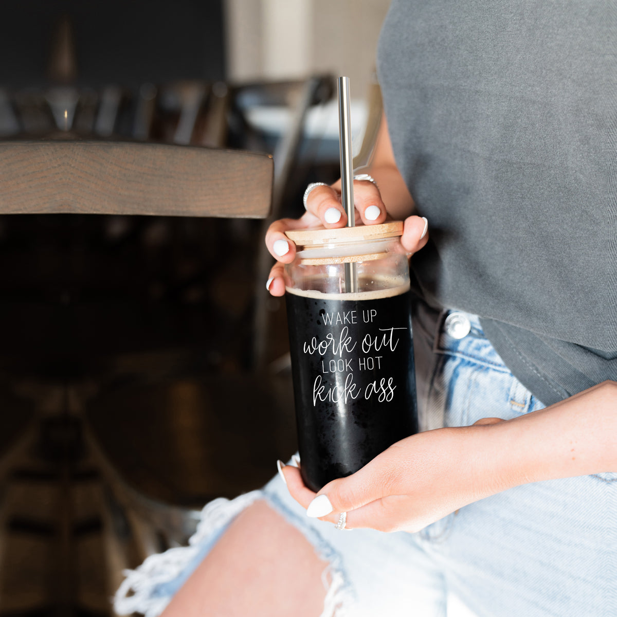 Gobelet en Verre 17 oz avec Couvercle en Bambou - "Wake Up Look Hot" - Tasse à Café de Motivation