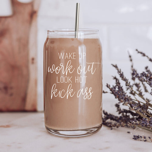 Gobelet en Verre 17 oz avec Couvercle en Bambou - "Wake Up Look Hot" - Tasse à Café de Motivation