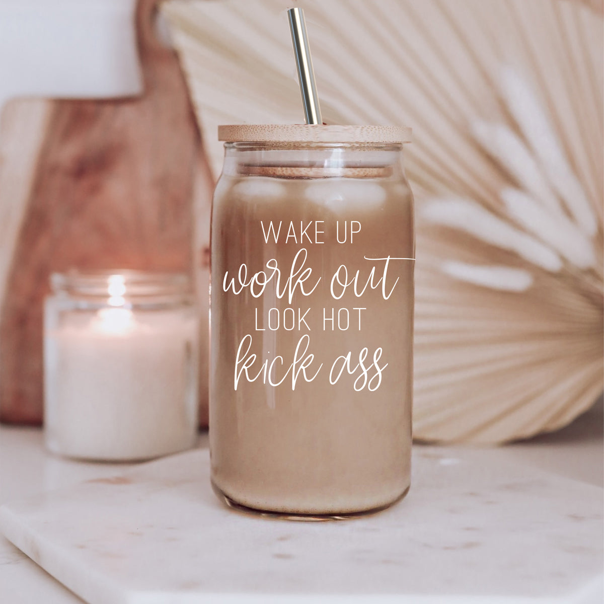 Gobelet en Verre 17 oz avec Couvercle en Bambou - "Wake Up Look Hot" - Tasse à Café de Motivation