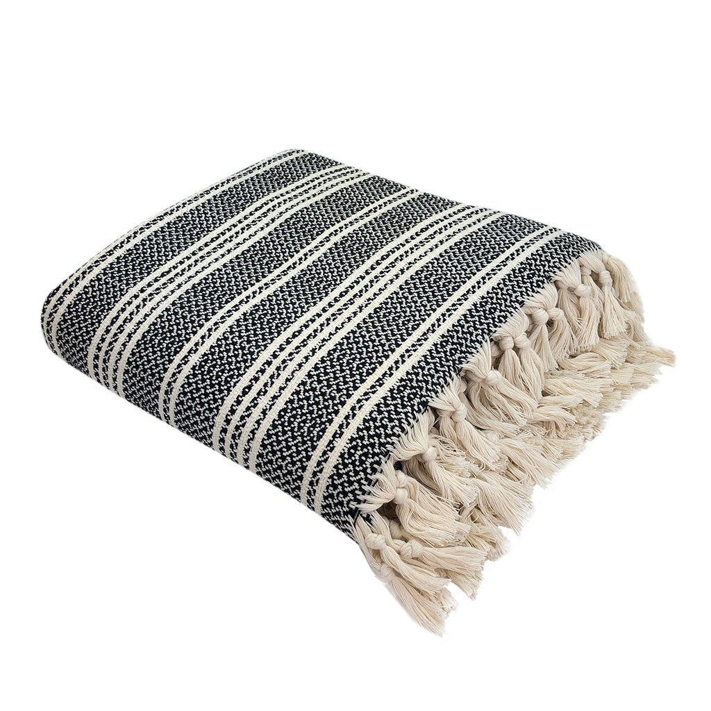 Jeté turc en coton tissé à rayures, léger, avec franges