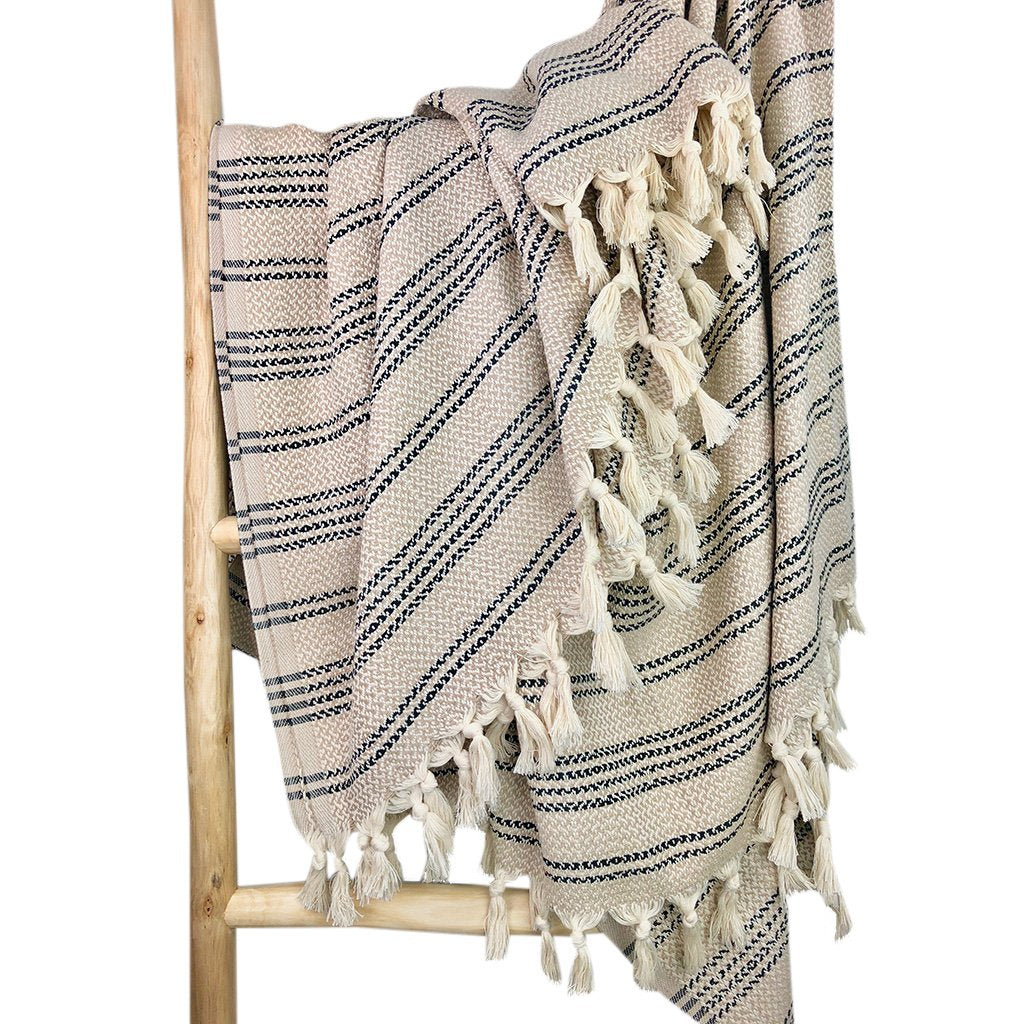 Jeté turc en coton tissé à rayures, léger, avec franges