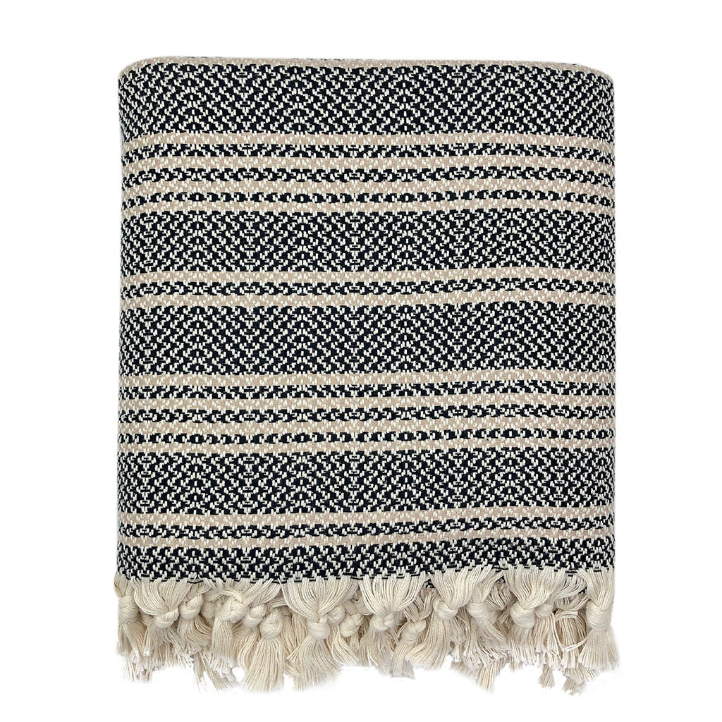 Jeté turc en coton tissé à rayures, léger, avec franges