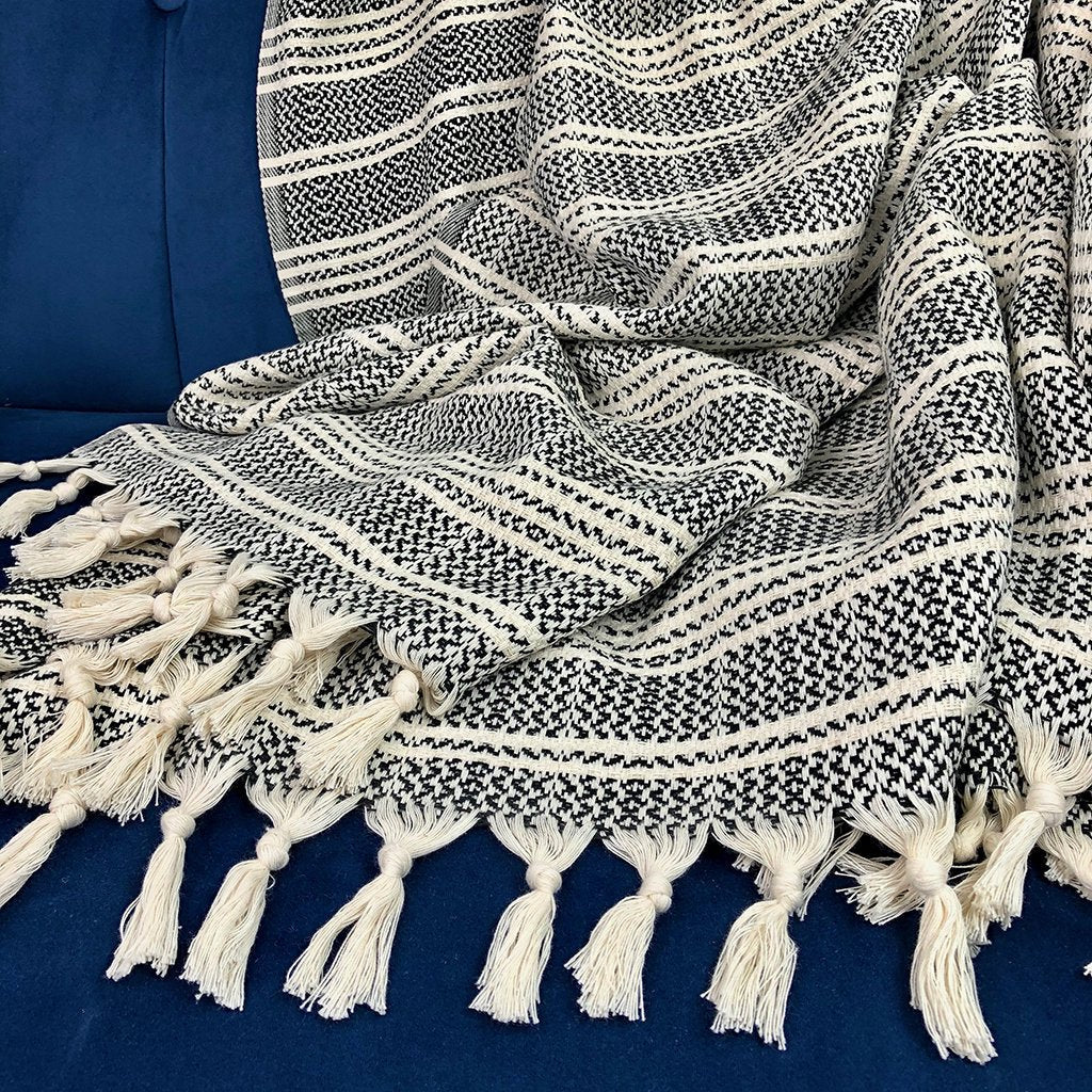Jeté turc en coton tissé à rayures, léger, avec franges