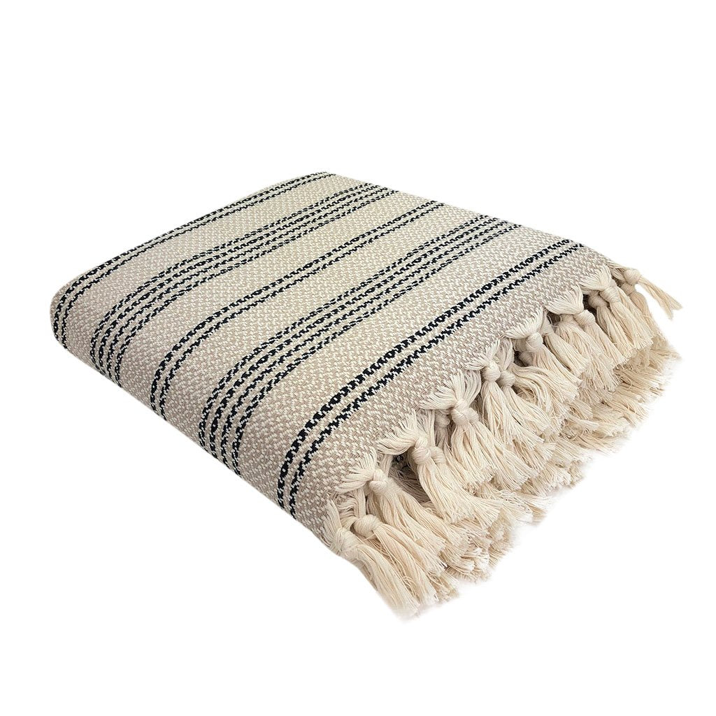 Jeté turc en coton tissé à rayures, léger, avec franges