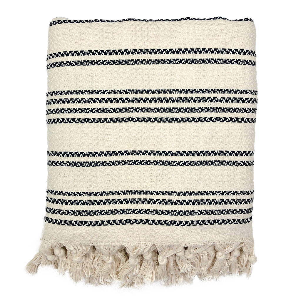 Jeté turc en coton tissé à rayures, léger, avec franges