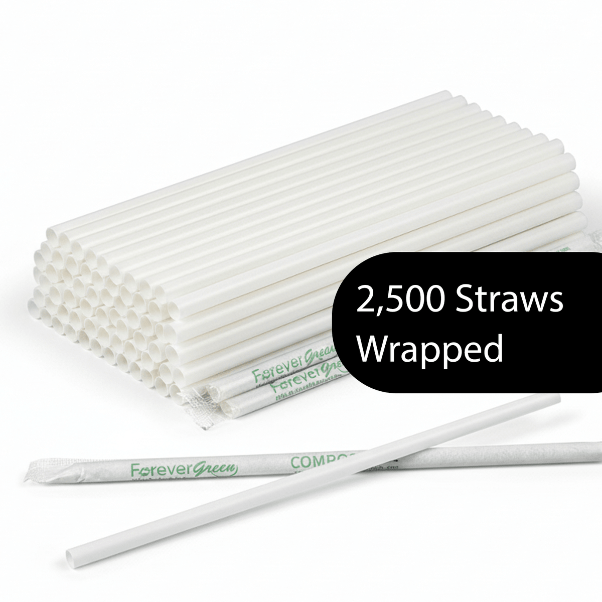 Pailles géantes blanches compostables emballées de 19,7 cm x 0,6 cm - Paquet de 2 500