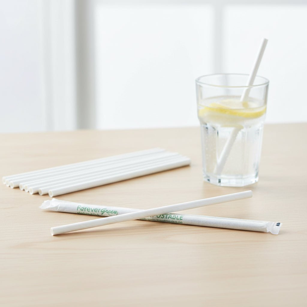 Pailles géantes blanches compostables emballées de 19,7 cm x 0,6 cm - Paquet de 2 500
